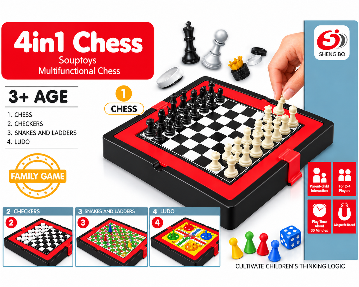 4-in-1 Chess Board Game (28 x 29 cm) – Chess, Checkers, Snakes & Ladders & Ludo