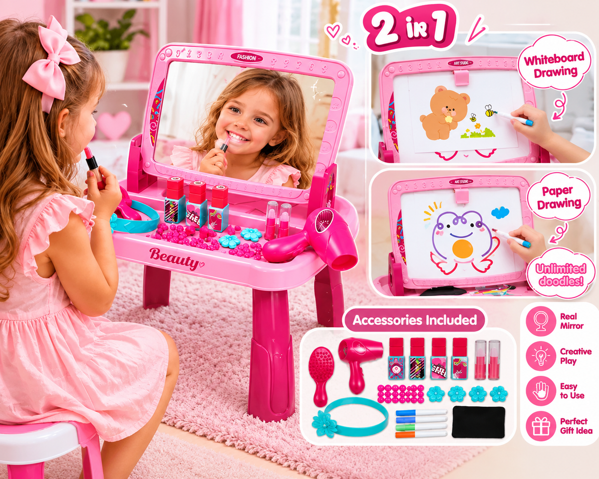 2-in-1 Kids Beauty Vanity & Drawing Table – Makeup Pretend Play & Art Studio Set