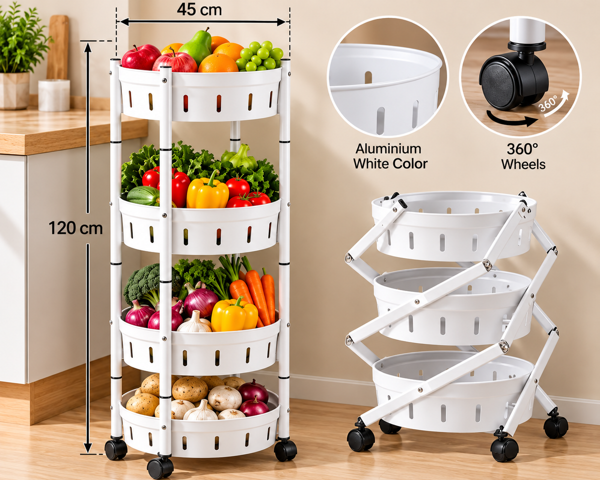 4-Tier Foldable Rolling Storage Cart – Wheeled Fruit & Vegetable Organizer for Kitchen