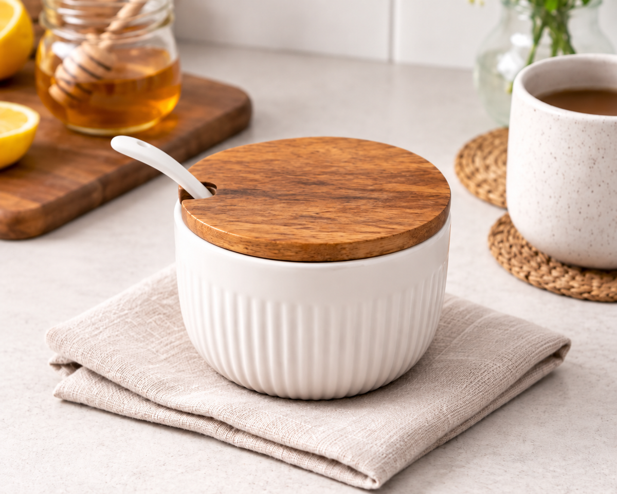 Sugar Pot with Spoon and wood cover
