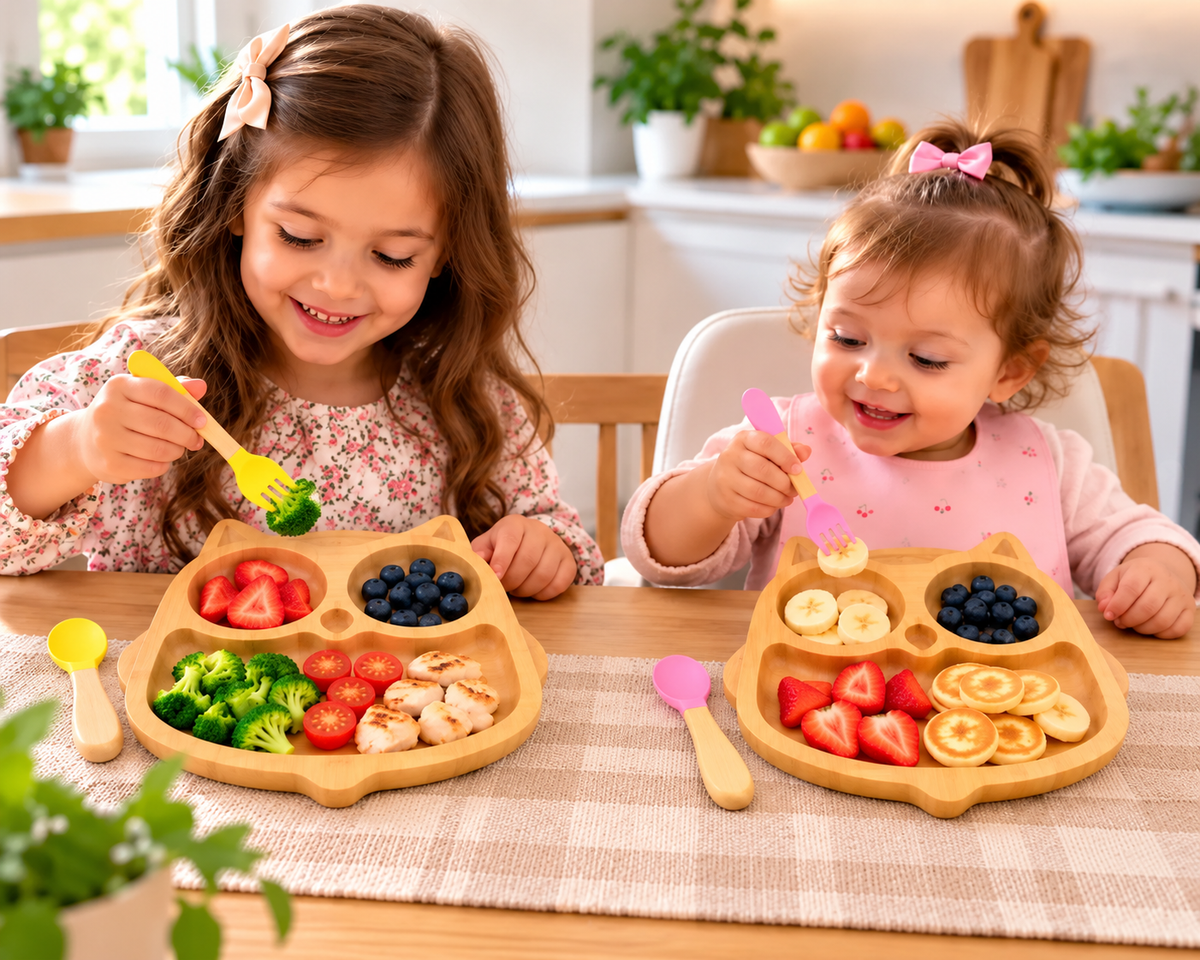 Cat-Shaped Bamboo Divided Plate for Kids