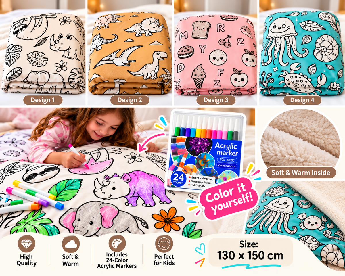 Color Your Own Kids Blanket with 24 Acrylic Markers – 130 × 150 cm