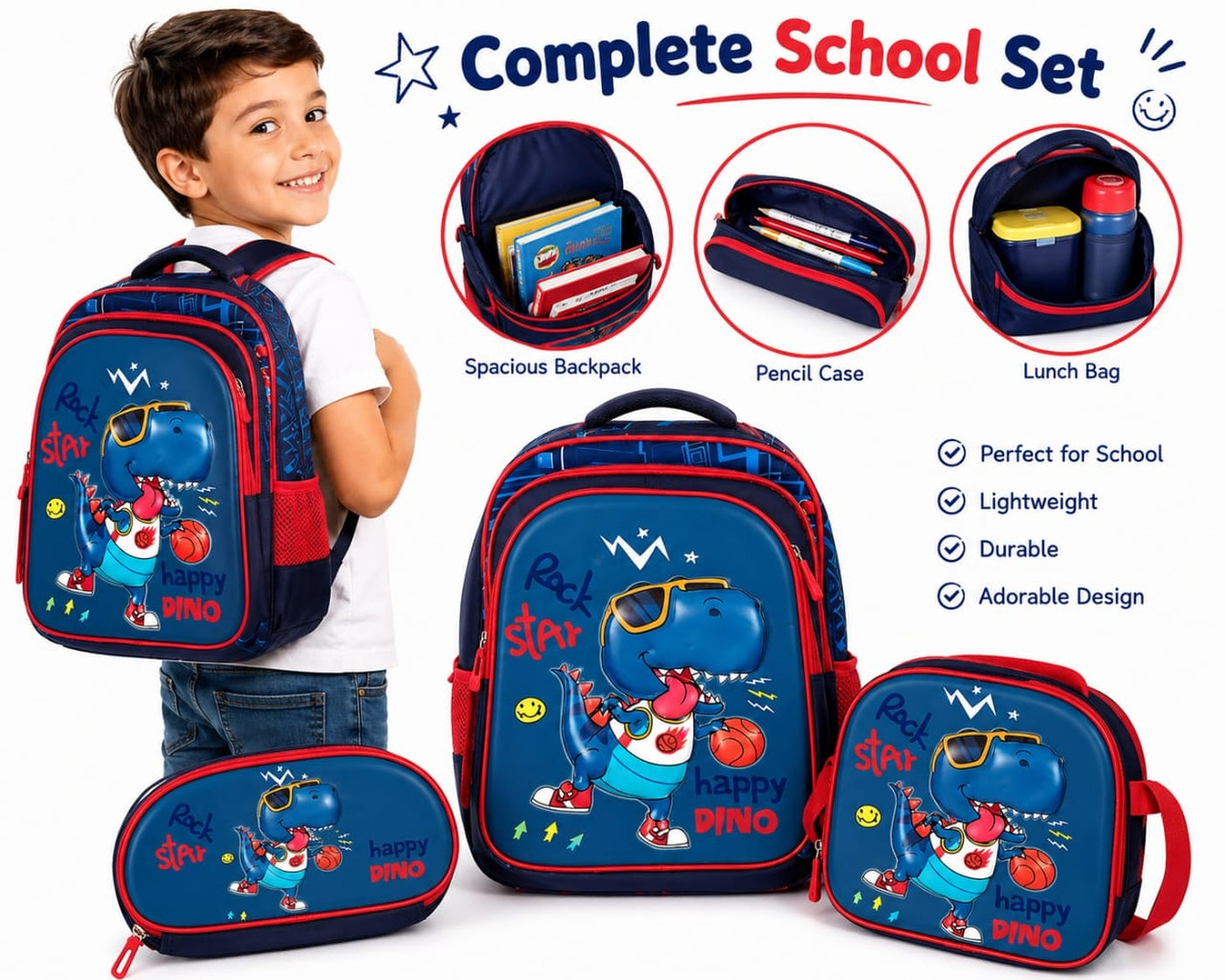 Kids 3-Piece Dinosaur School Bag Set