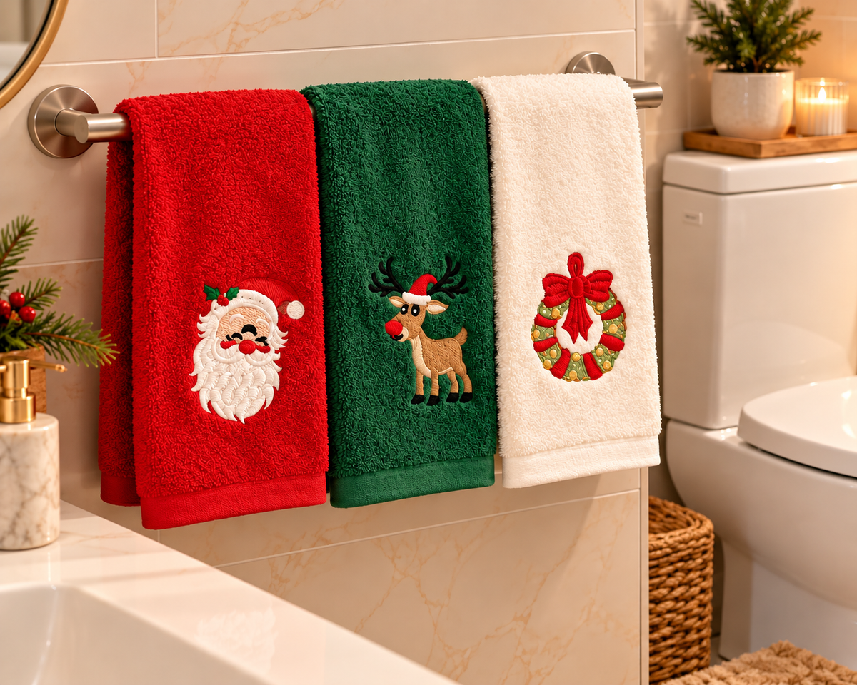 Christmas Embroidered Hand Towels Set of 3 – Santa, Reindeer & Wreath