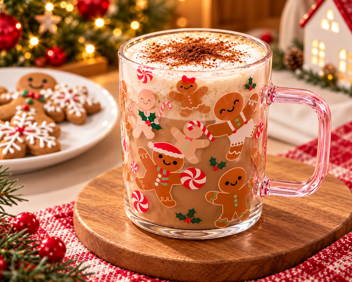 Christmas Gingerbread Glass Mug with Pink Handle