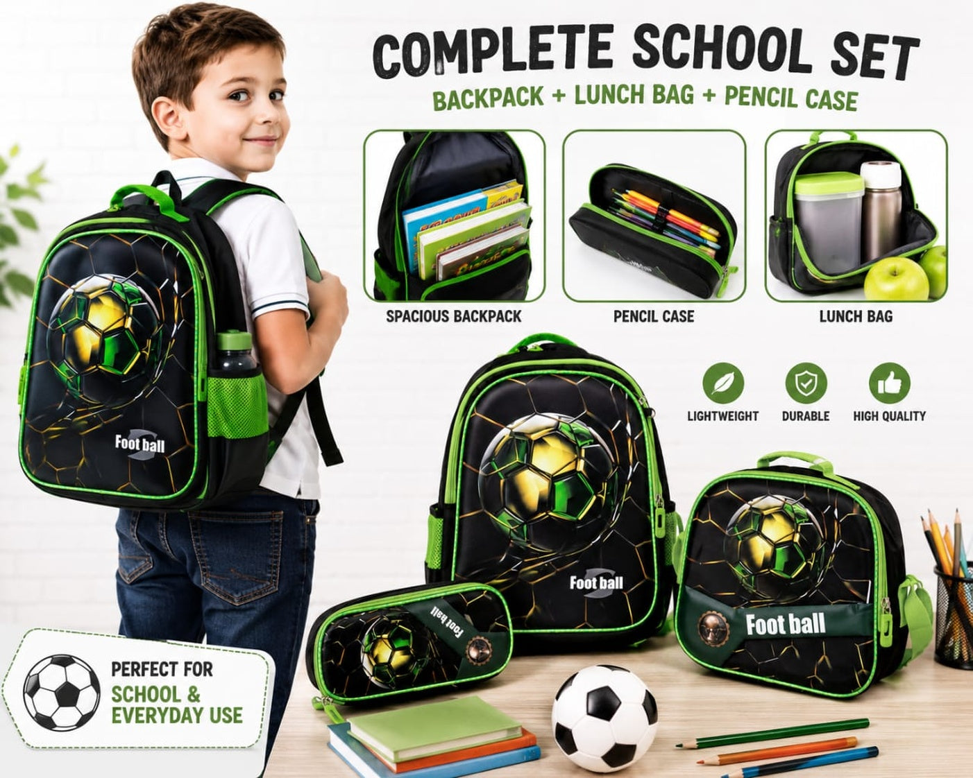 Boys 3-Piece Football School Bag Set