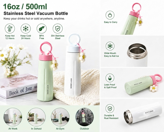 304 Stainless Steel Water Bottle (500ml) with Carrying Loop