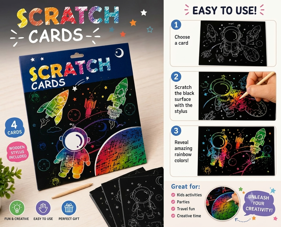 Space Theme Rainbow Scratch Art Kit (4 Cards)