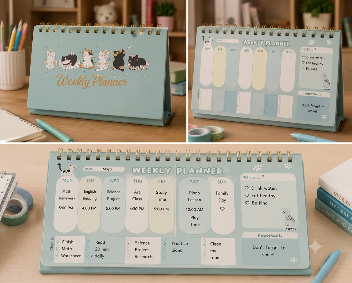 Kids Weekly Planner – Cute Desk Calendar & Study Organizer-Sage Green