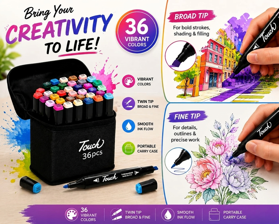 Touch 36-Piece Dual Tip Marker Set with Portable Carrying Case