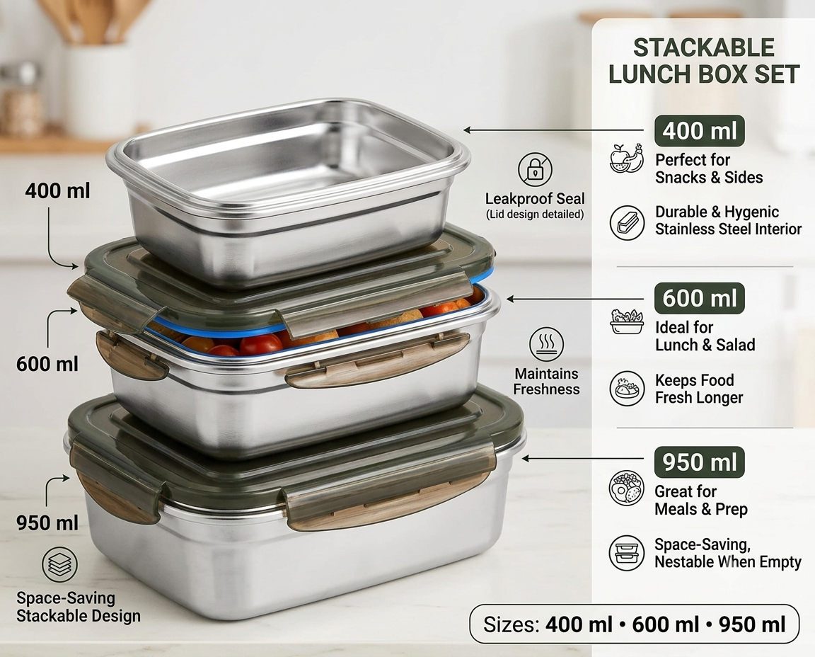 3-Piece Stainless Steel Food Containers Set (400ml, 600ml, 950ml)