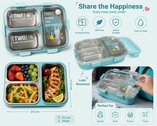 3-Compartment Stainless Steel Lunch Box (24x17.5cm)