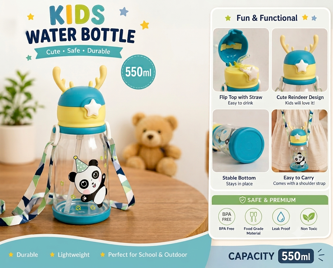 550ml Kids Water Bottle with Flip-Top Straw & Removable Carrying Strap