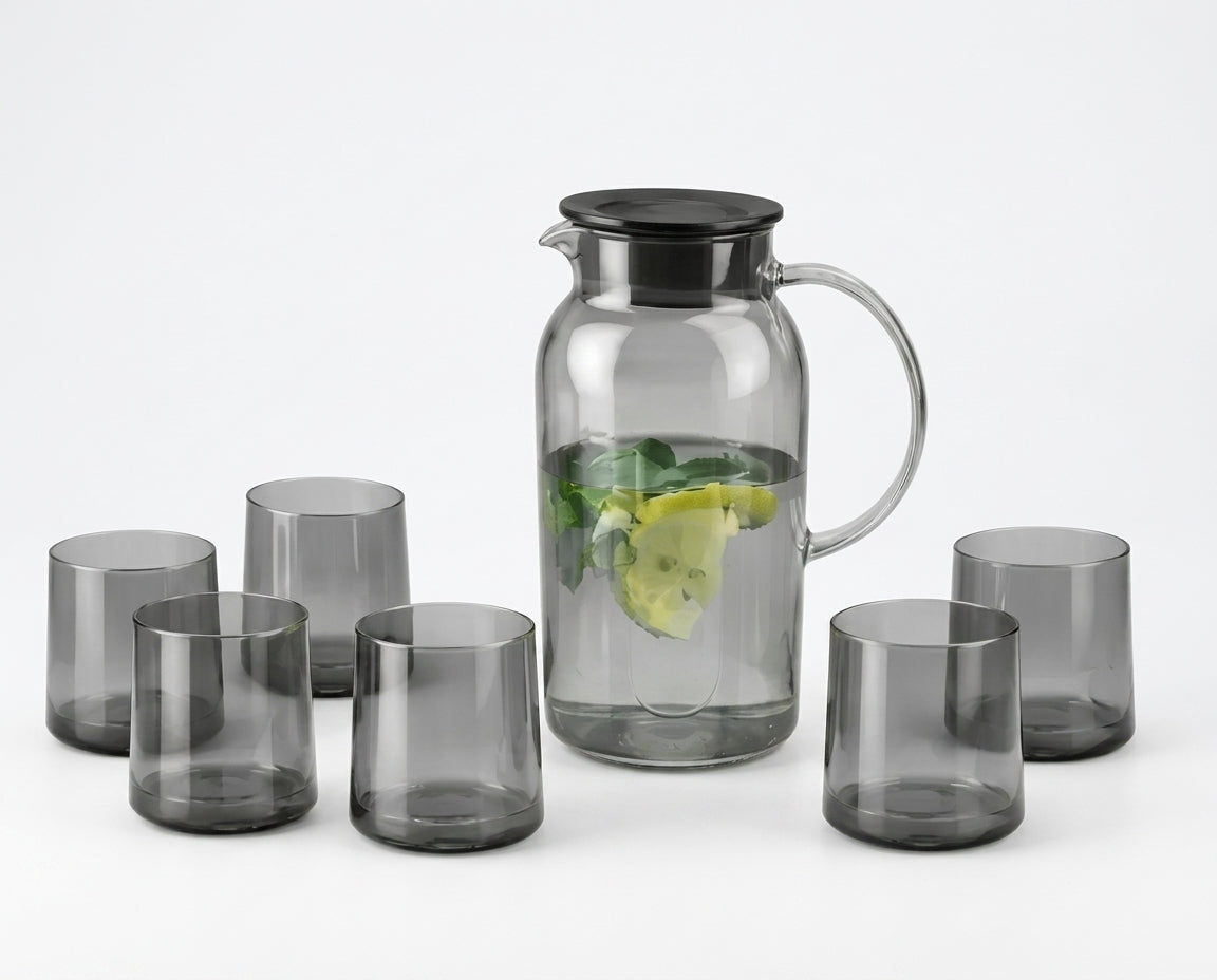 Smoky Grey Glass Pitcher Set with 6 Matching Tumblers