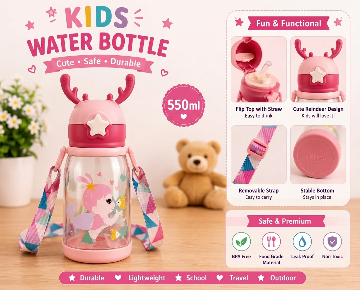 550ml Kids Water Bottle with Flip-Top Straw & Removable Carrying Strap