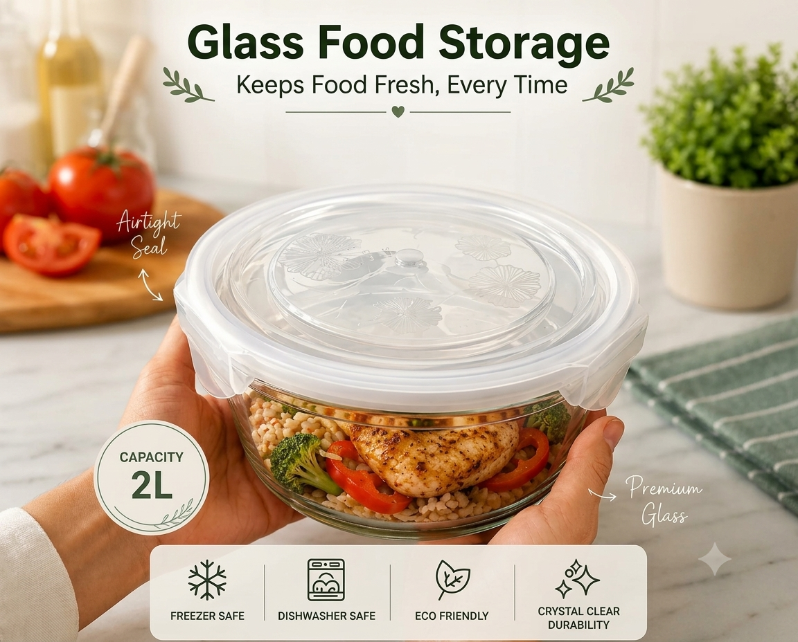 2L Round Glass Food Storage Container Airtight Seal
