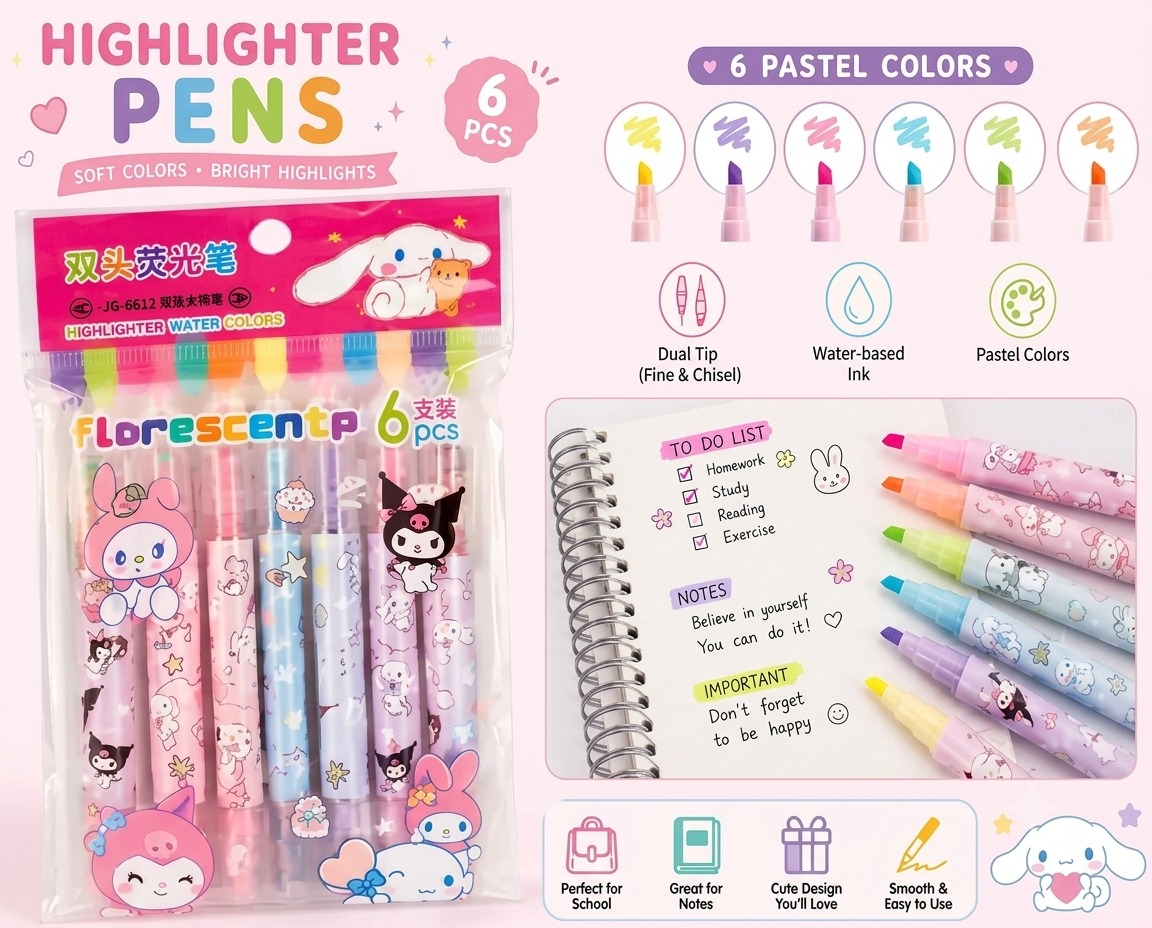 6 Pastel Color Highlighter Set – Water-Based Ink, Soft Aesthetics Highlighters