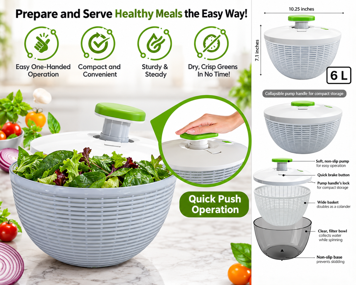 6L Salad Spinner with Quick Push Pump (26 x 18 cm)