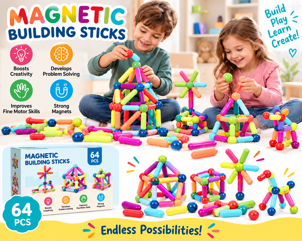 64-Piece Magnetic Building Sticks Set for Kids – Creative Construction Toy