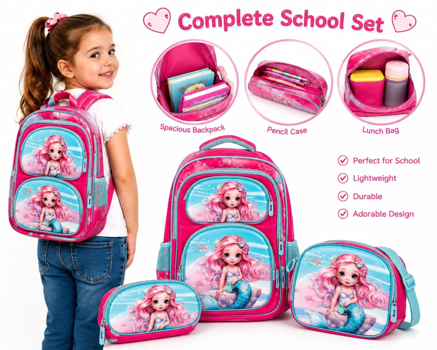 Girls 3-Piece Mermaid School Bag Set