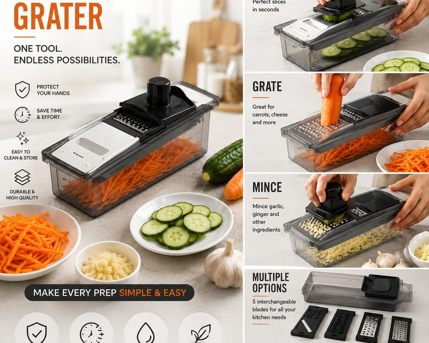 Grater with 5 Blades for Slicing, Grating, Cutting, Mincing