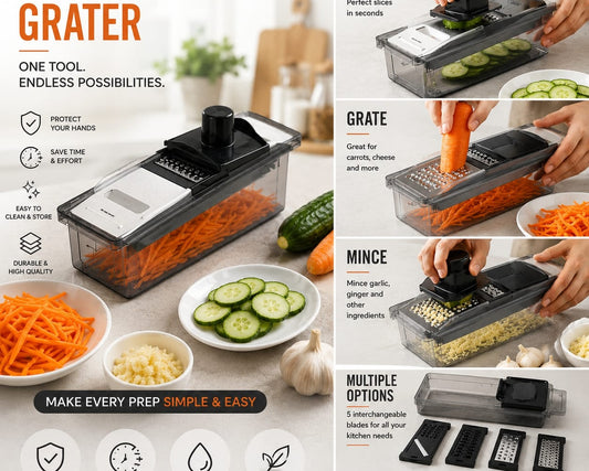 Grater with 5 Blades for Slicing, Grating, Cutting, Mincing