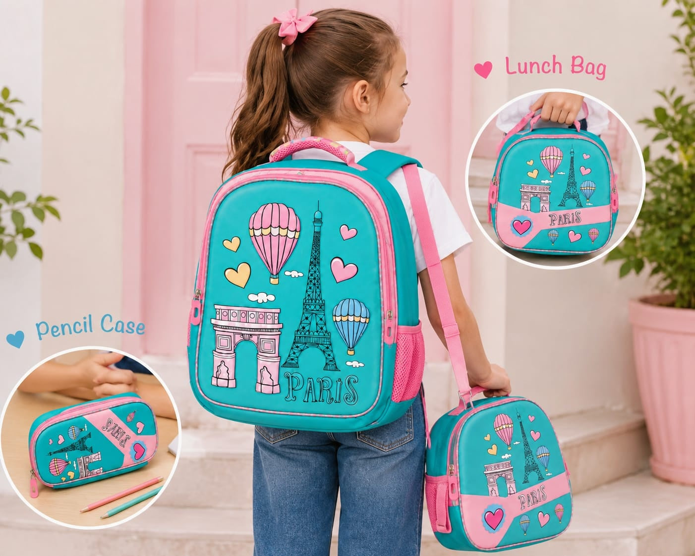 Girls 3-Piece Paris School Bag Set