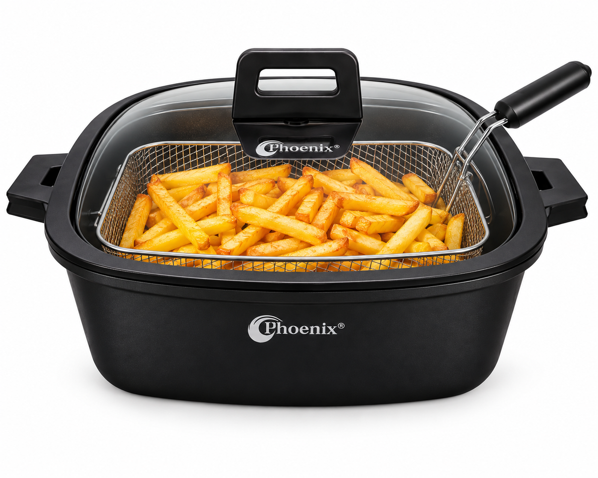 28cm Cast Aluminum Casserole with Glass Lid & Frying Basket - Black