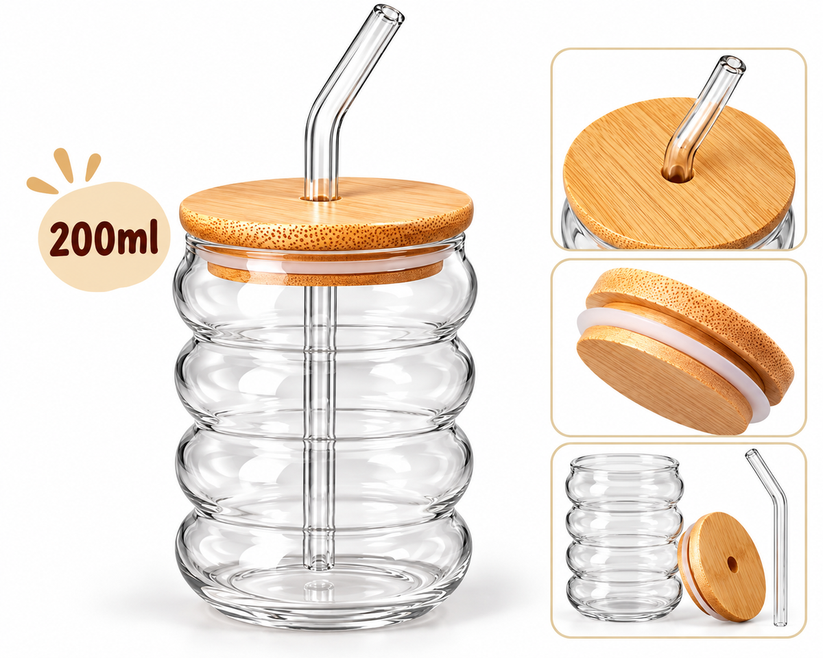 200ml Ribbed Glass Cup with Bamboo Lid and Glass Straw