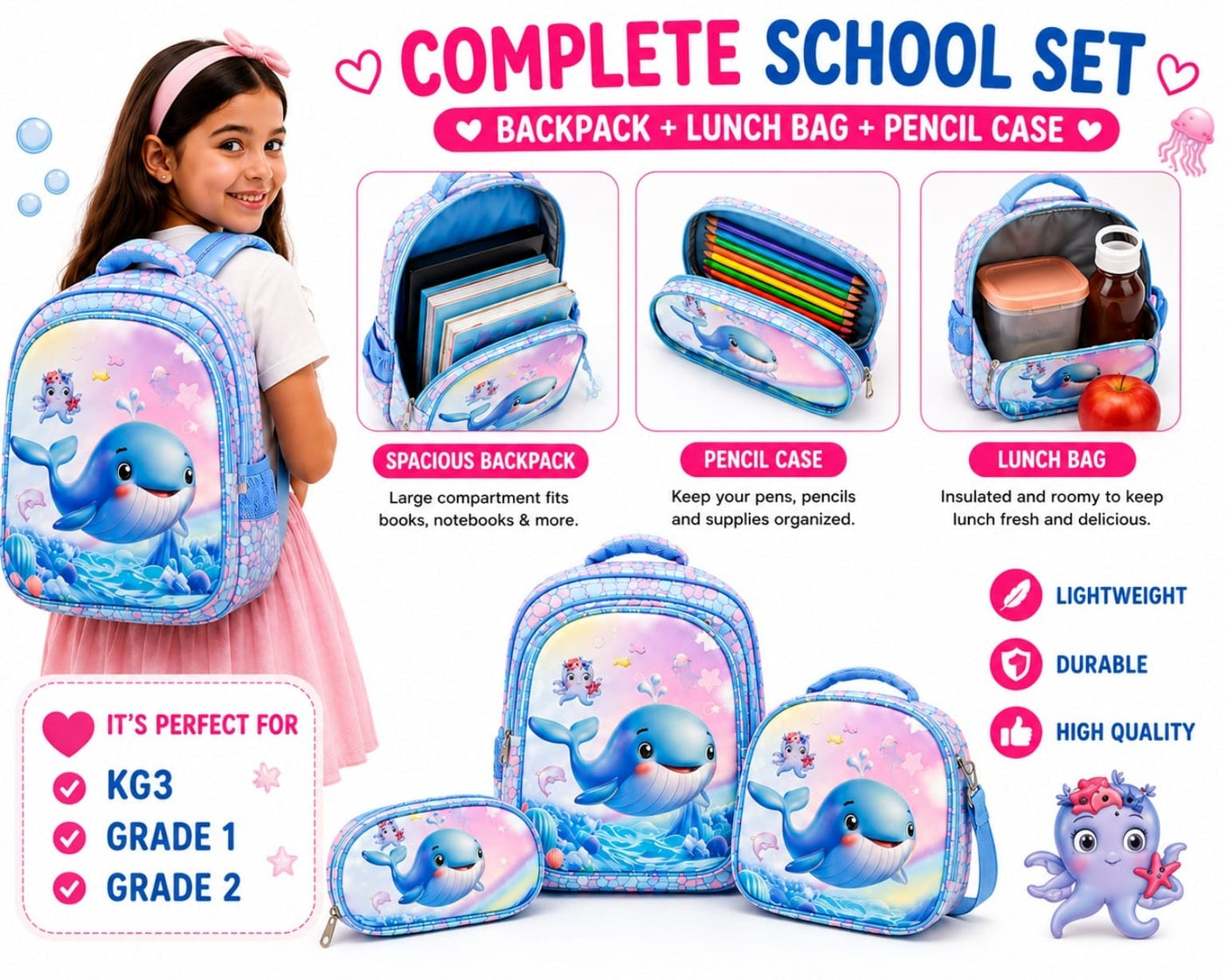 Kids 3-Piece Whale School Bag Set