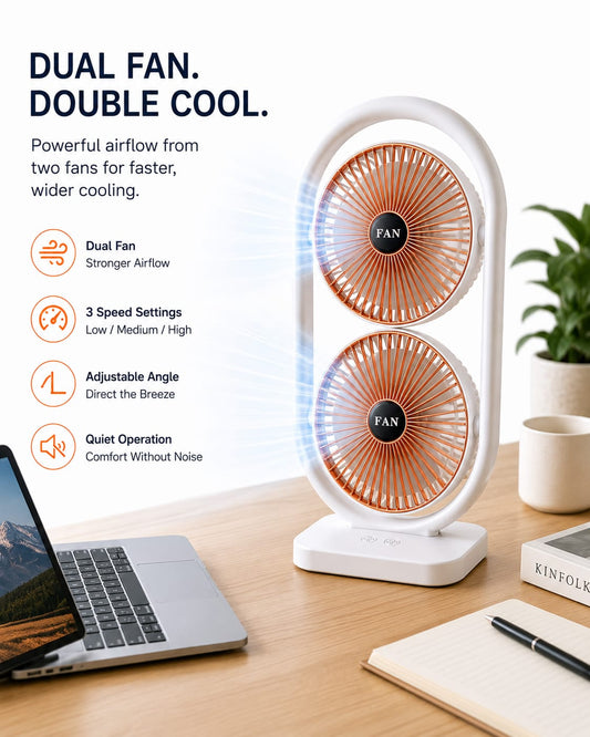 Portable Dual-Head USB Desk Fan - 3 Speed