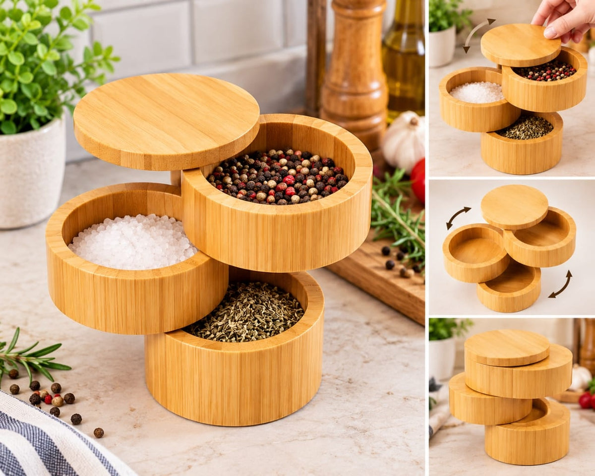 Bamboo Rotating Spice Organizer with 3 Compartment