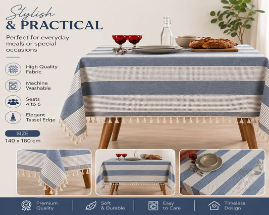 Blue Striped Fabric Tablecloth