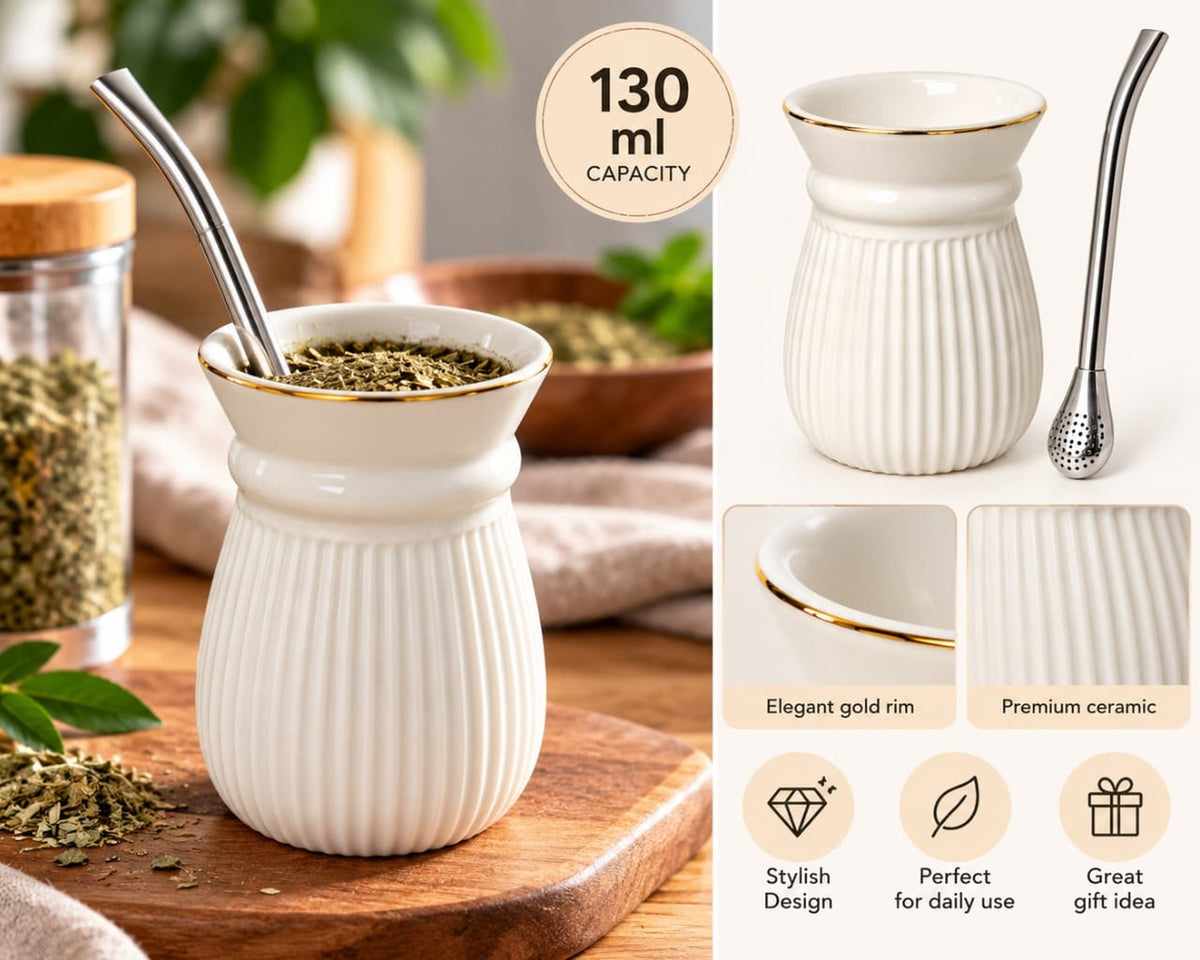 Ceramic Mate Cup with Gold Rim & Stainless Steel Straw – 130ml
