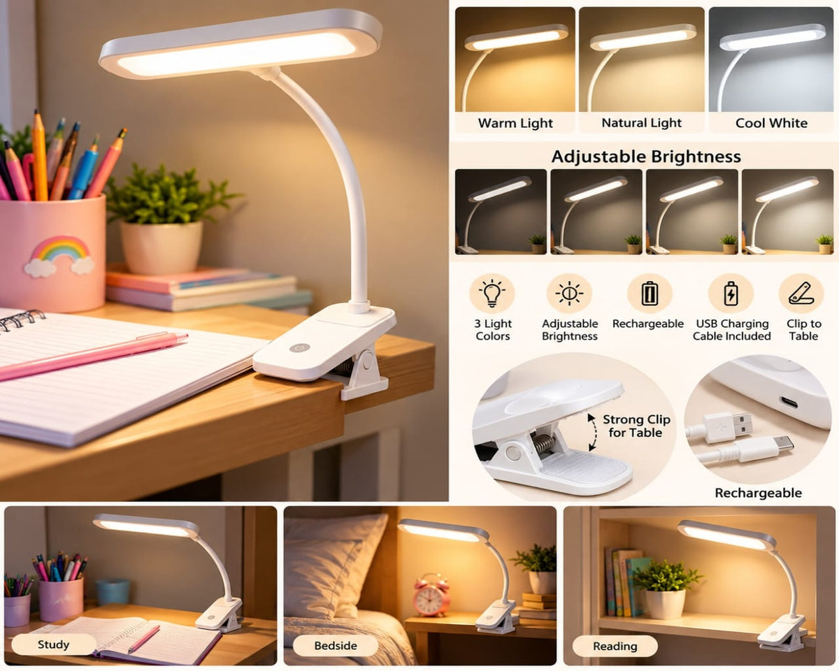 Rechargeable LED Desk Lamp with Adjustable Brightness & 3 Light Colors