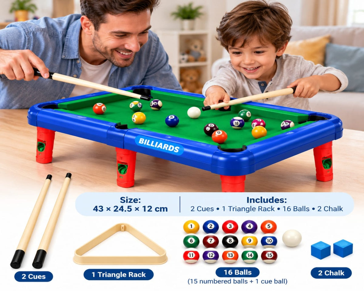 Kids Billiard Pool Table Set – Mini Table with 16 Balls, 2 Cues & Triangle Rack
