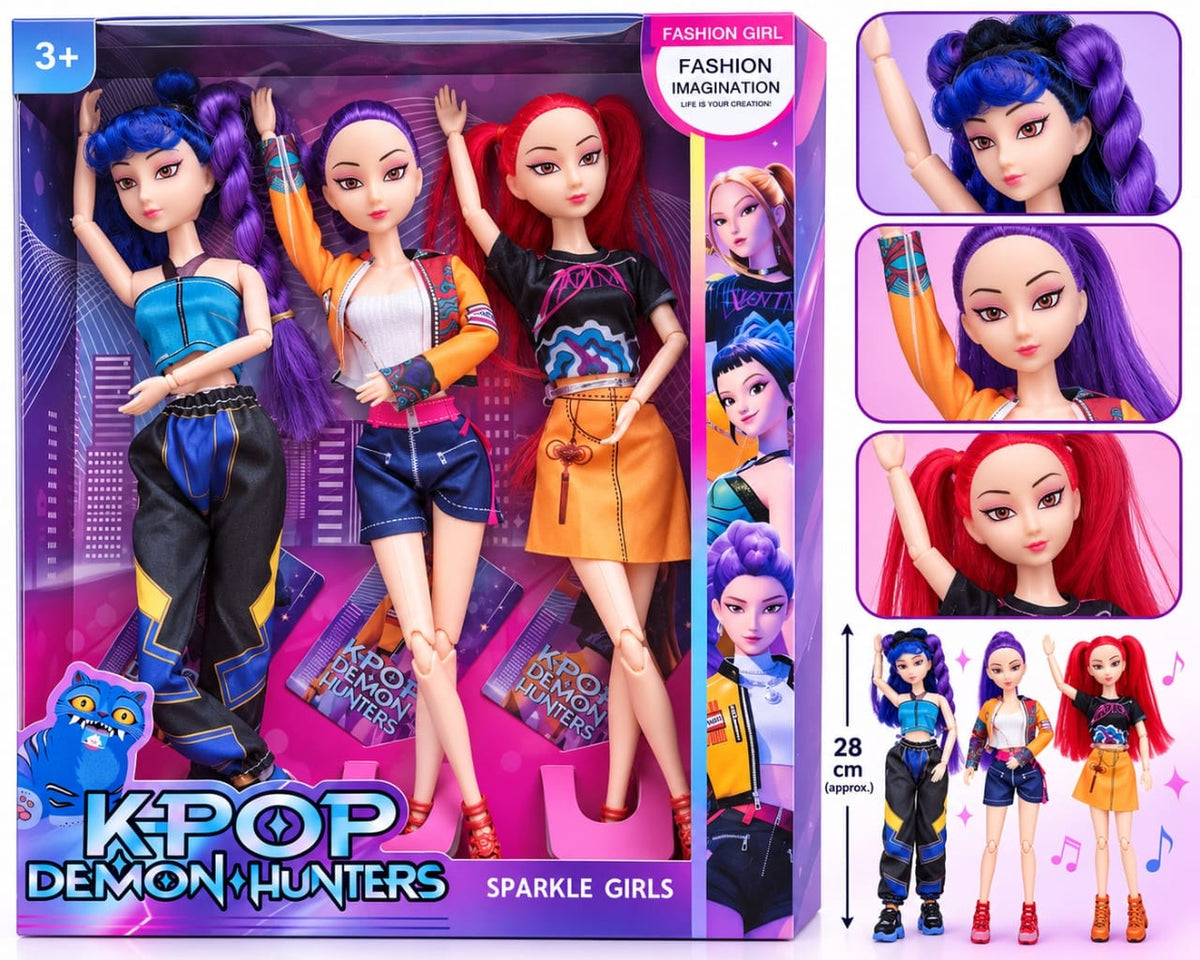 K-Pop Demon Hunters Sparkle Girls Dolls Set of 3 – 28 cm