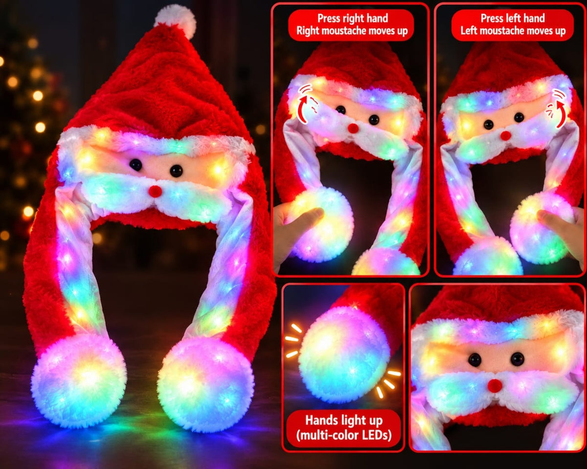 Light-Up Santa Hat with Multicolor LED Lights and Moving Moustache