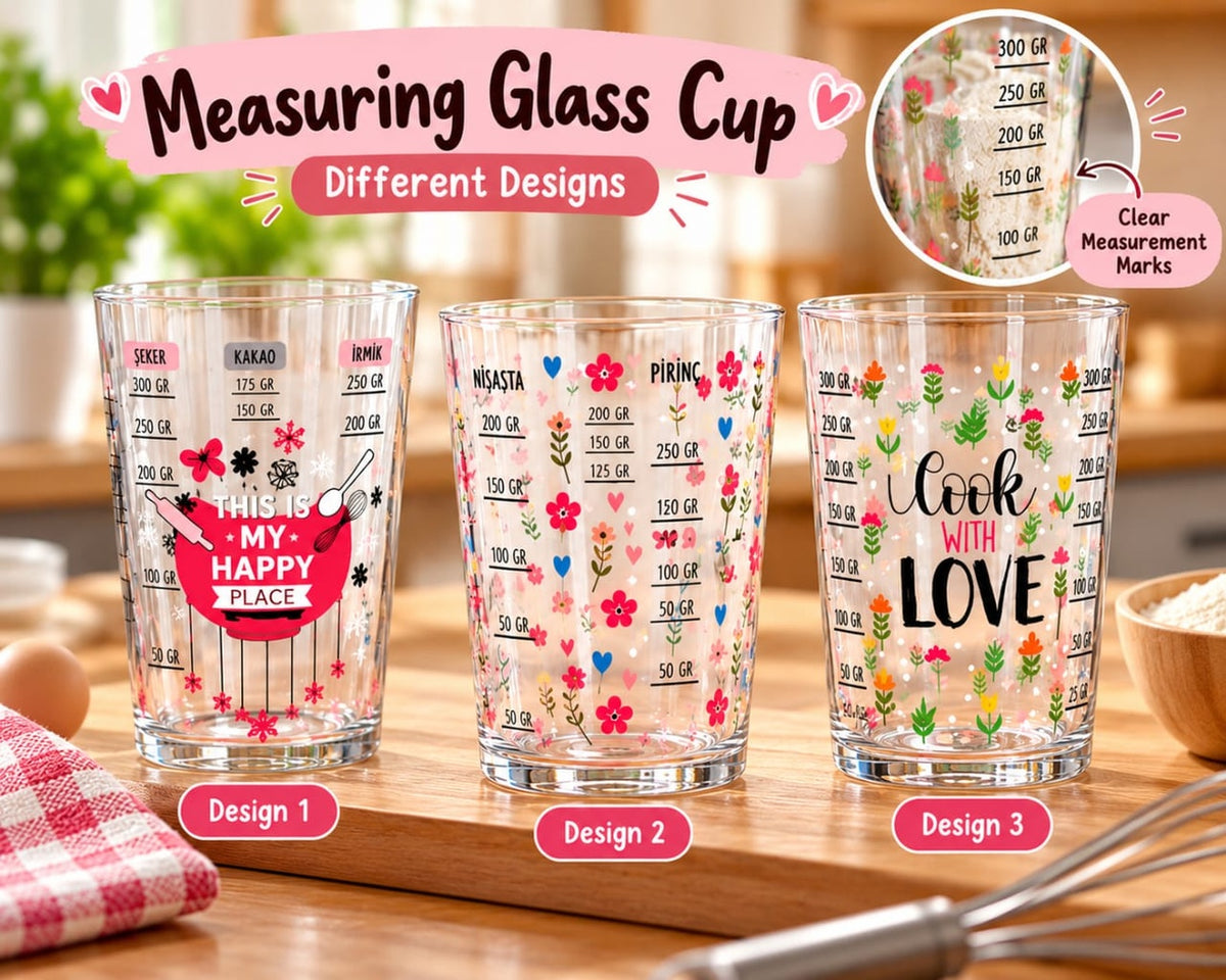 Measuring Glass Cup with Clear Gram Markings – 3 Designs for Baking & Cooking