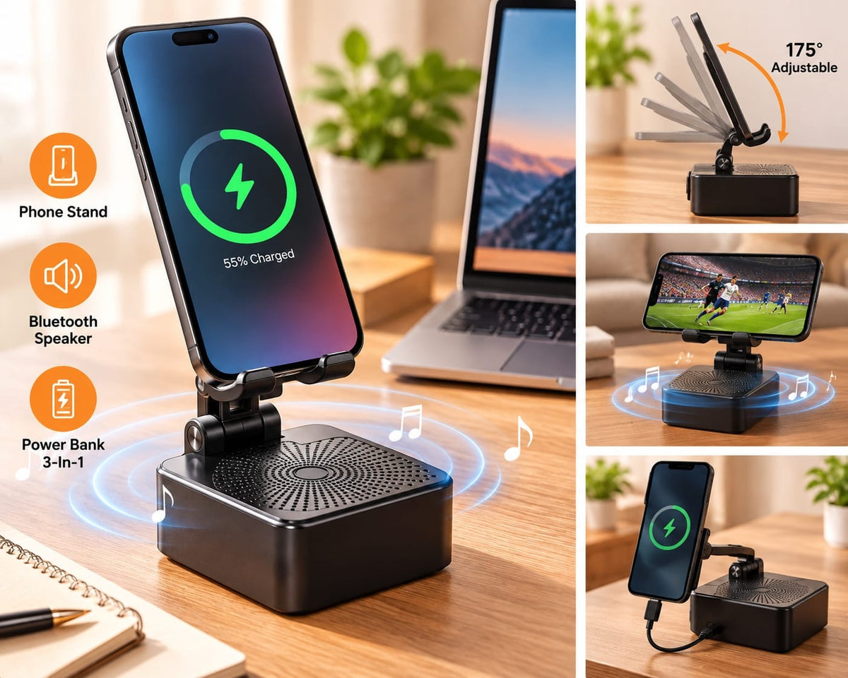 3-in-1 Bluetooth Speaker Phone Stand with Adjustable Holder & Power Bank