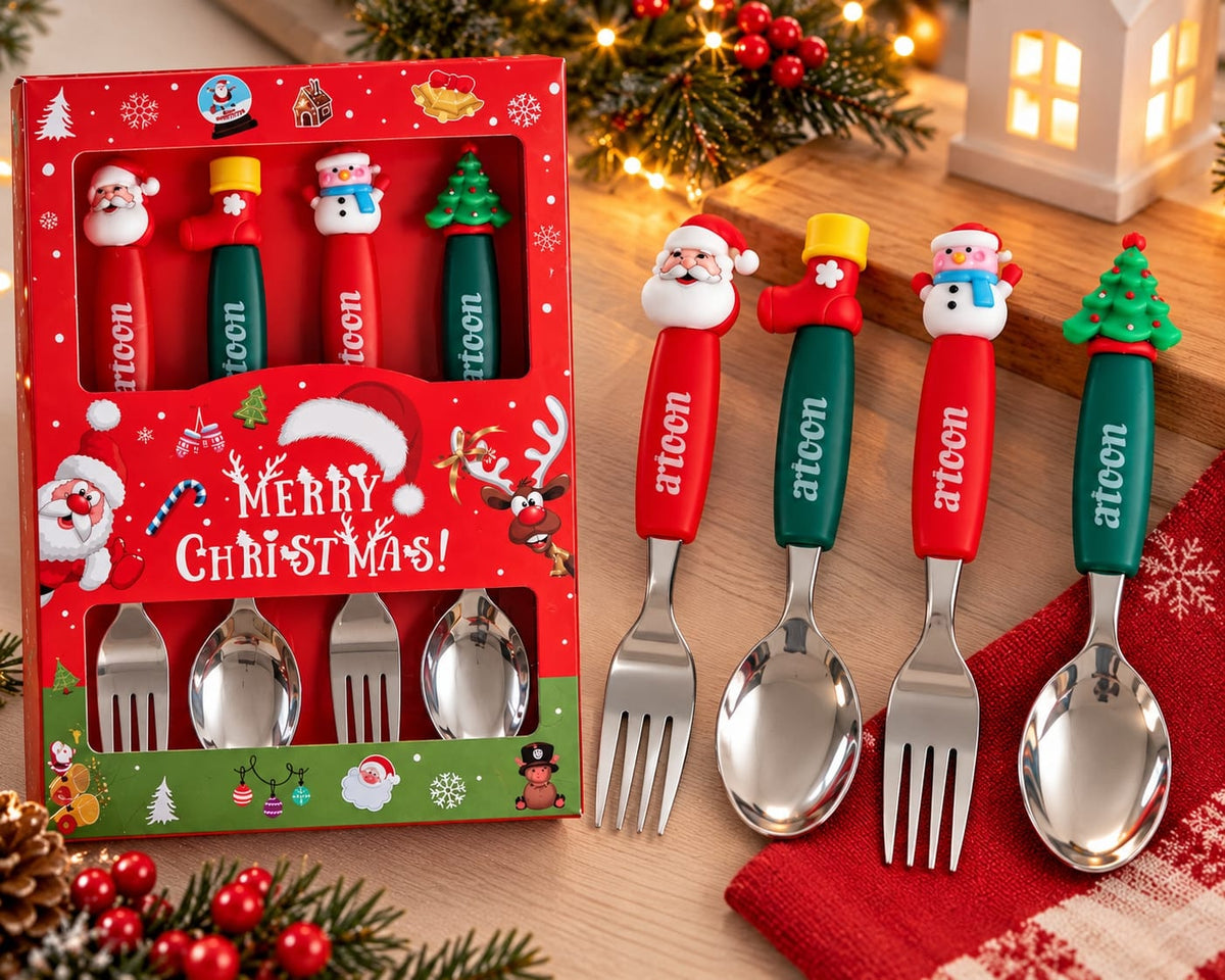 Christmas Cutlery Set for Kids – 4-Piece Stainless Steel Fork and Spoon Set