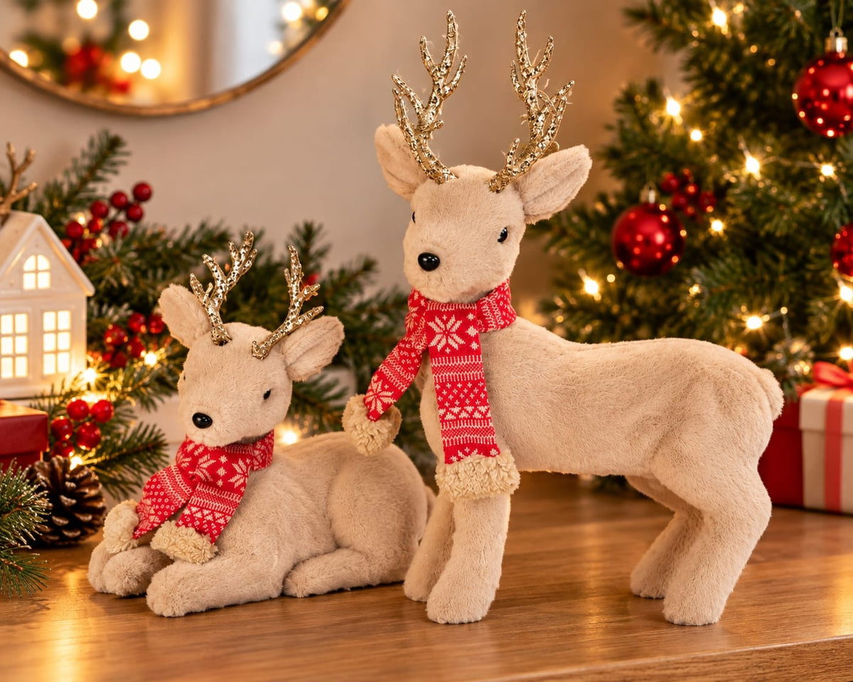 Christmas Plush Reindeer Set with Red Scarf and Gold Antlers -Set of 2