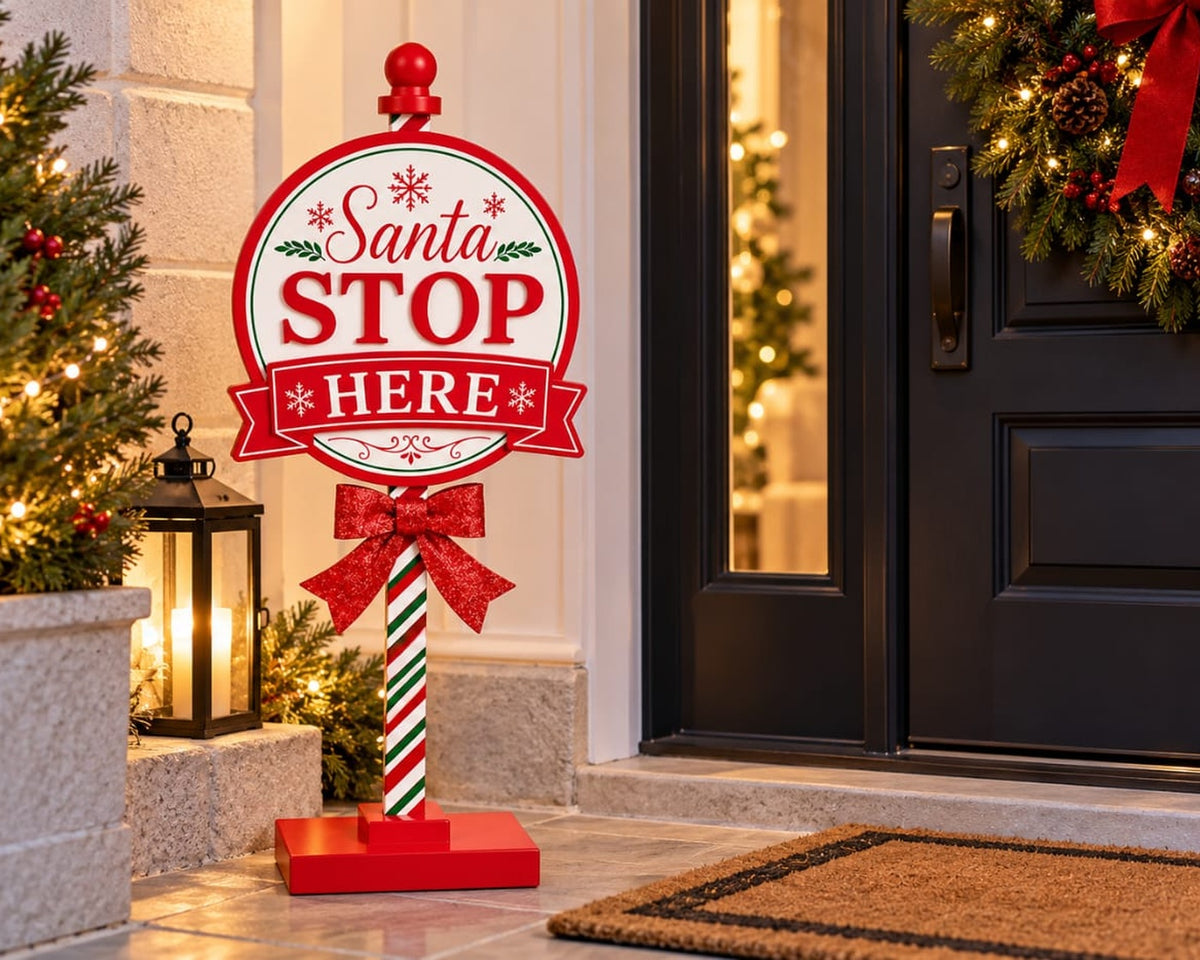 Christmas Santa Stop Here Sign – Outdoor Christmas Decoration for Front Door (42cm)