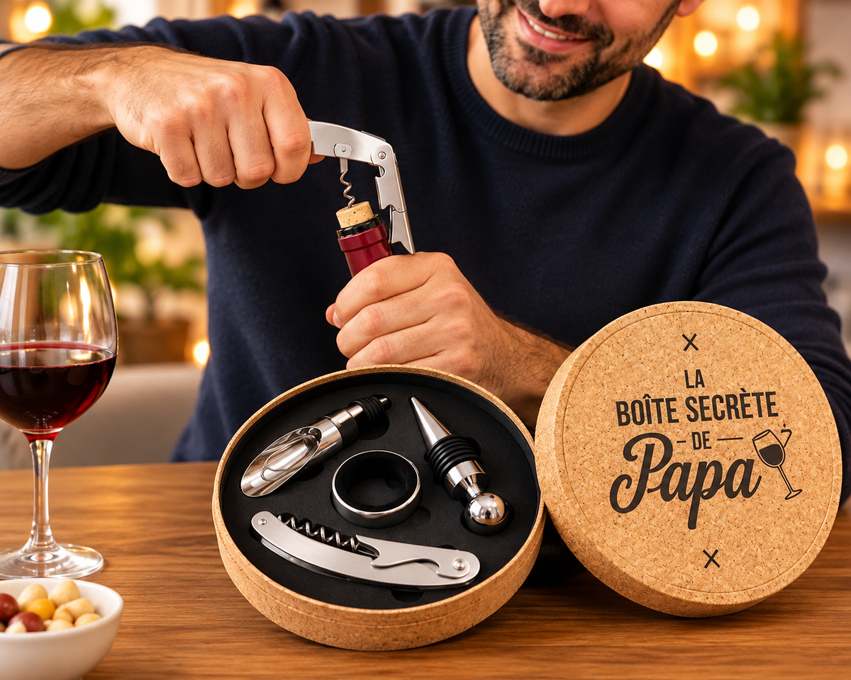 Wine Accessories Gift Set – 4-Piece Wine Opener, Stopper & Pourer Set in Cork Box