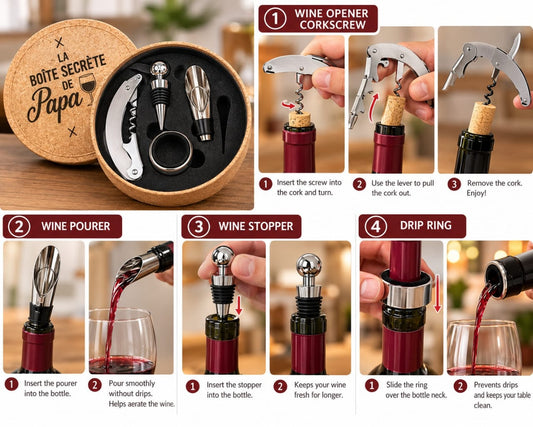 Wine Accessories Gift Set – 4-Piece Wine Opener, Stopper & Pourer Set in Cork Box