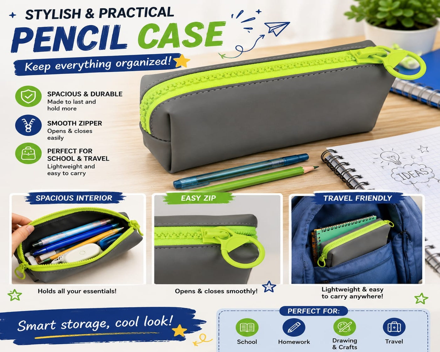 Spacious Pencil Case with Smooth Zipper