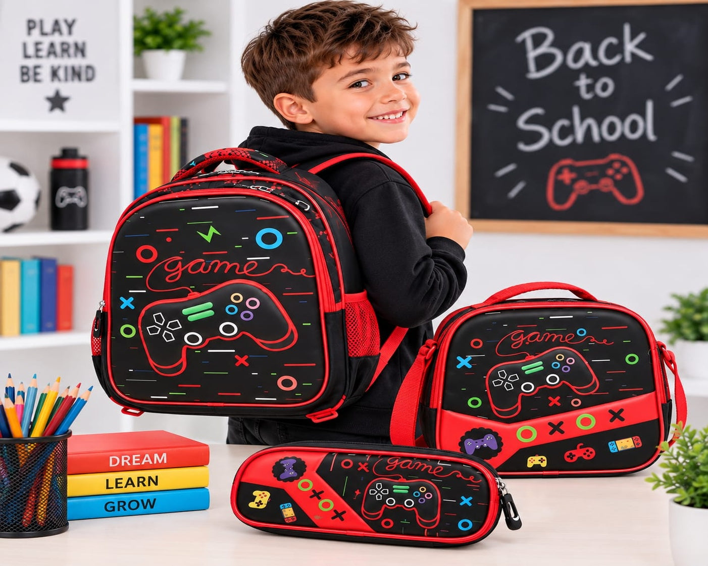 Boys’ Gaming School Backpack Set with Lunch Bag & Pencil Case (36 cm)