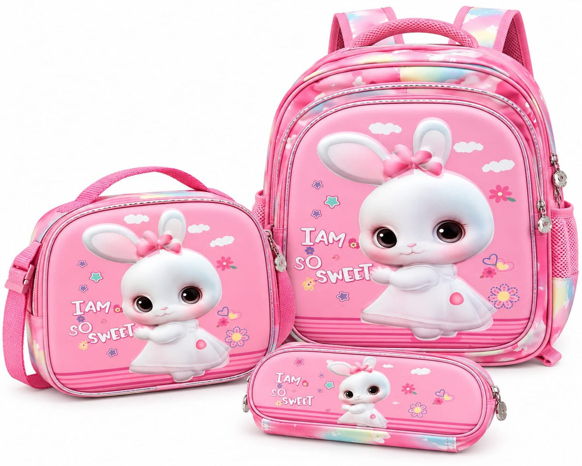 Girls’ Pink Bunny with Matching Lunch Bag & Pencil Case (36 cm)