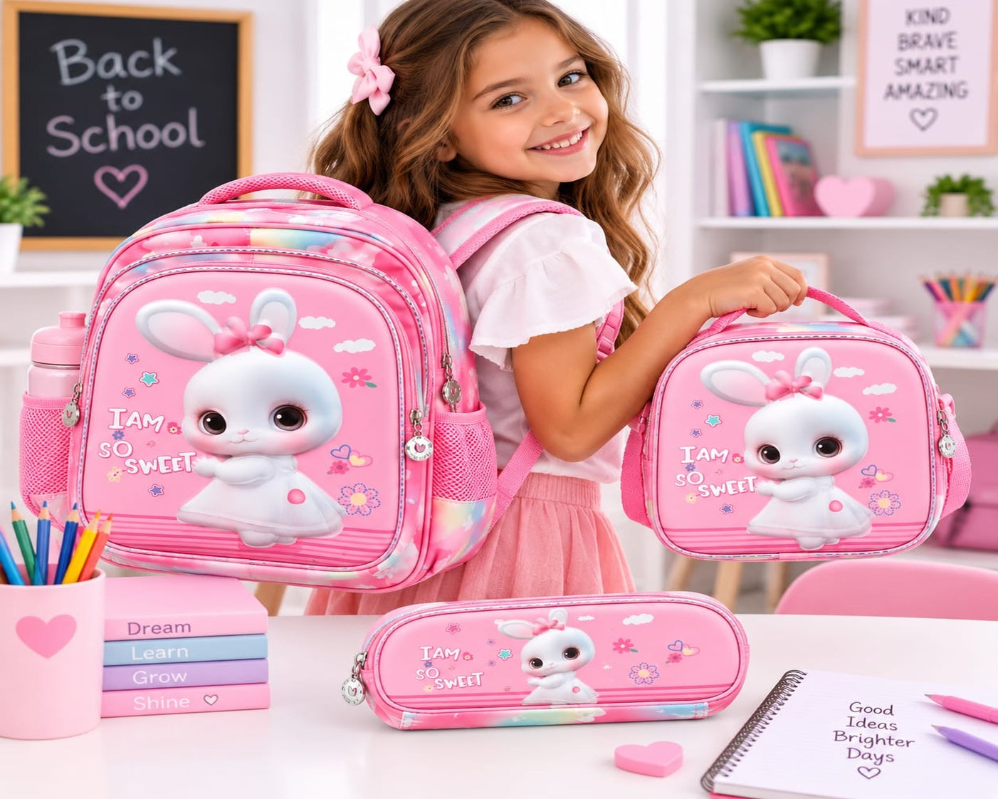 Girls’ Pink Bunny with Matching Lunch Bag & Pencil Case (36 cm)