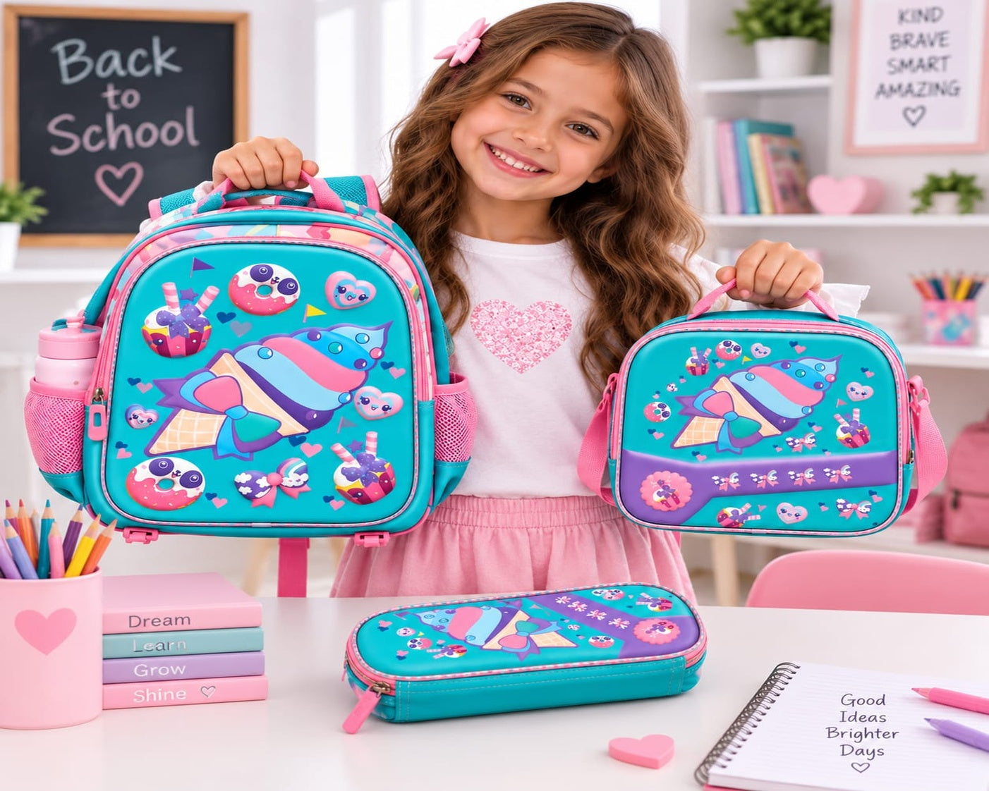Cute Girls’ School with Matching Lunch Bag & Pencil Case (36 cm)